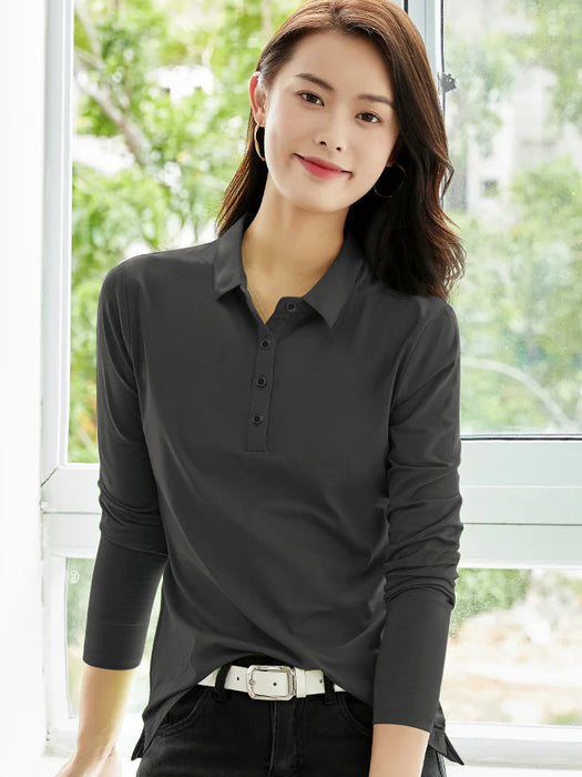 PYPR Summer Solid Long Sleeve Polo Shirt For Women-Slate Grey-BR13874