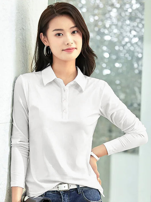 PYPR Summer Solid Long Sleeve Polo Shirt For Women-White-BR13876