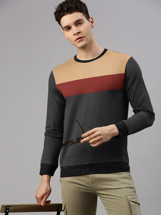 PYPR Terry Fleece Sweatshirt For Men-Charcoal Melange with Orange & Peach Panel-BR14638