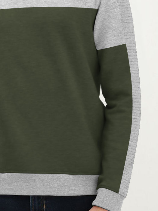 PYPR Terry Fleece Sweatshirt For Men-Grey Melange with Olive Panels-BR14614