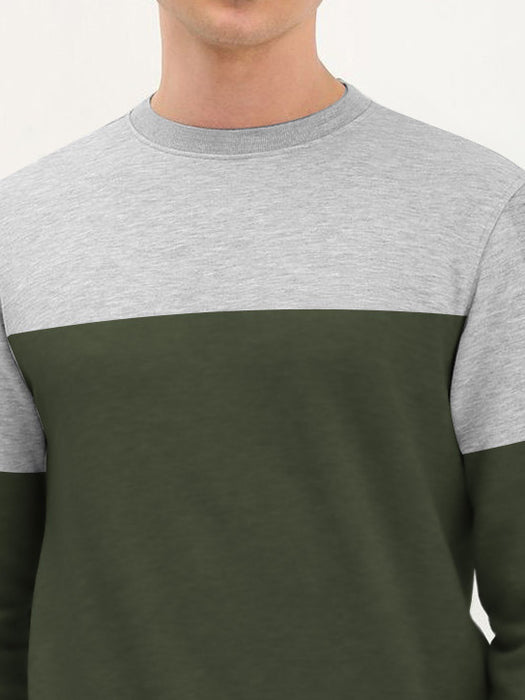 PYPR Terry Fleece Sweatshirt For Men-Grey Melange with Olive Panels-BR14614