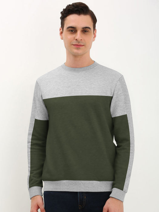 PYPR Terry Fleece Sweatshirt For Men-Grey Melange with Olive Panels-BR14614