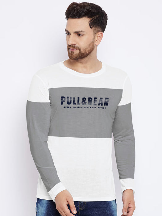 P&B Crew Neck Long Sleeve T Shirt For Men-White with Grey-BR13467