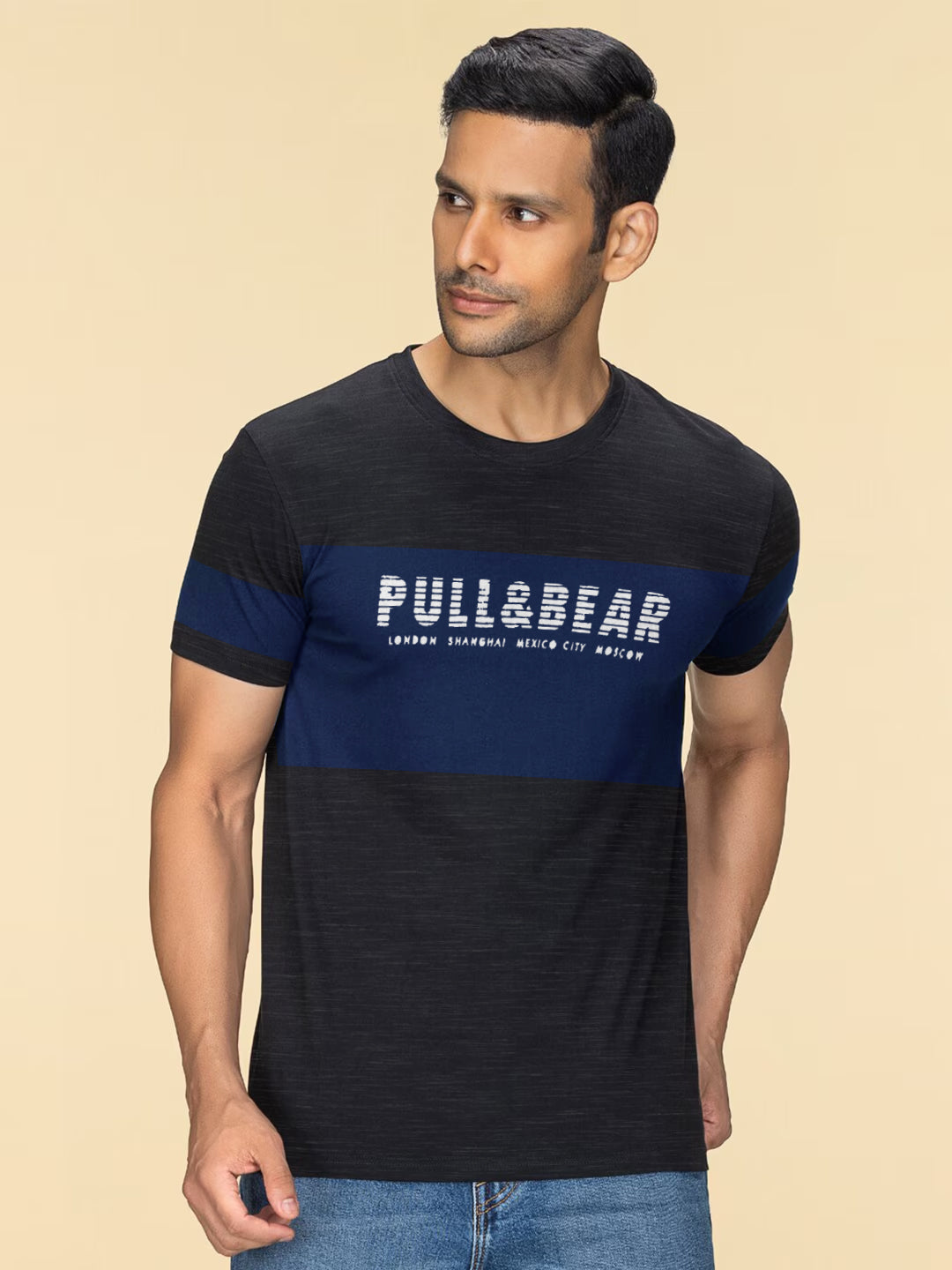 P&B Crew Neck T Shirt For Men-Black Melange with Navy Panel-BR13459