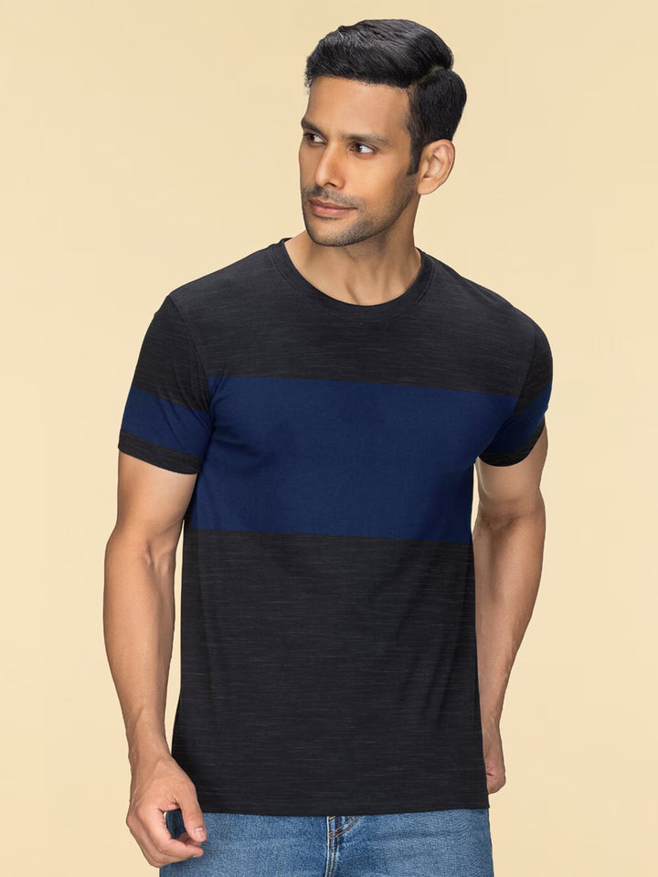 P&B Crew Neck T Shirt For Men-Black Melange with Navy Panel-BR13459