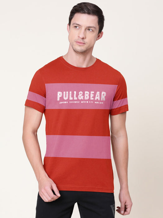 P&B Crew Neck Tee Shirt For Men-Orange with Pink Panel-BR13465