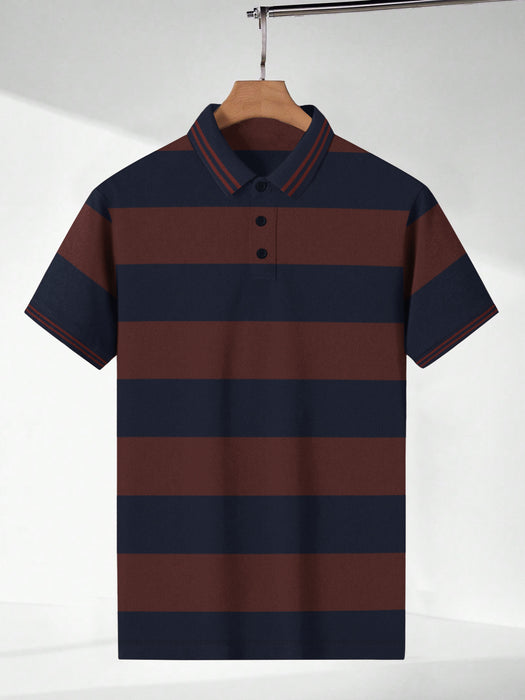 P&B Single Jersey Half Sleeve Polo Shirt For Men-Navy & Brown Stripe-BR13160