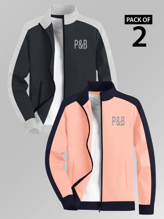 P&B Terry Fleece Zipper Mock Neck Jacket For Men-Charcoal & Peach-BR14710