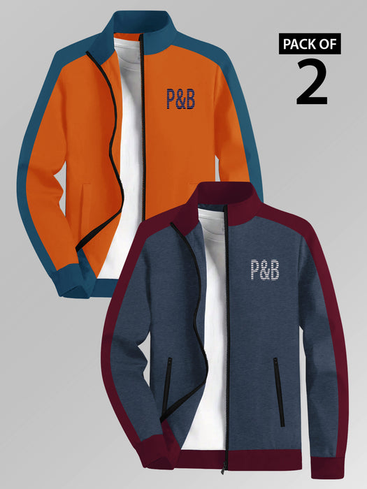 P&B Terry Fleece Zipper Mock Neck Jacket For Men-Orange & Navy-BR14709