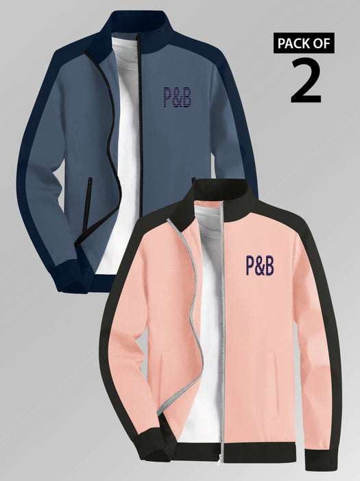 P&B Terry Fleece Zipper Mock Neck Jacket For Men-Peach & Blue-BR14712