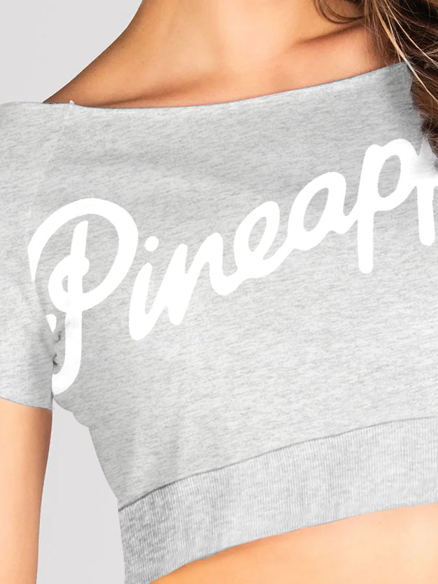 Pineapple Terry Fleece Off Shoulder Cropped Sweatshirt For Ladies-Grey Melange-BR14728
