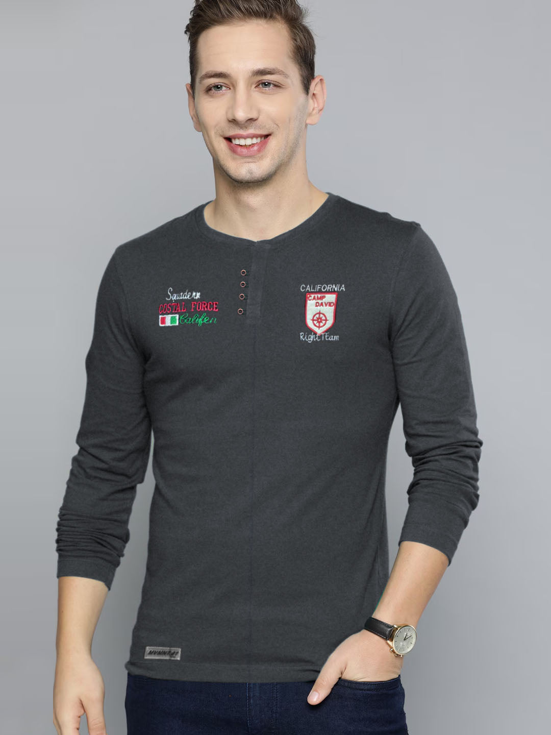 Polo Team Henley Long Sleeve Tee Shirt For Men-Charcoal Melange-BR13430