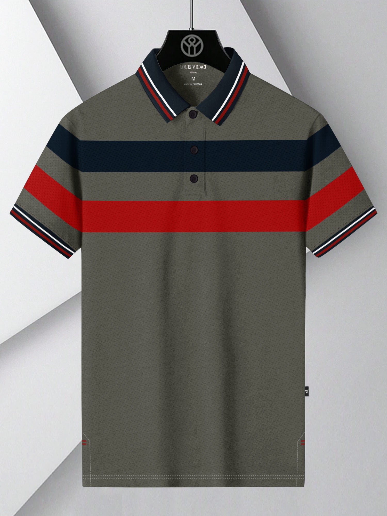 LV Summer Dry Fit Polo Shirt For Men-Grey with Red & Navy Panels-RT2541