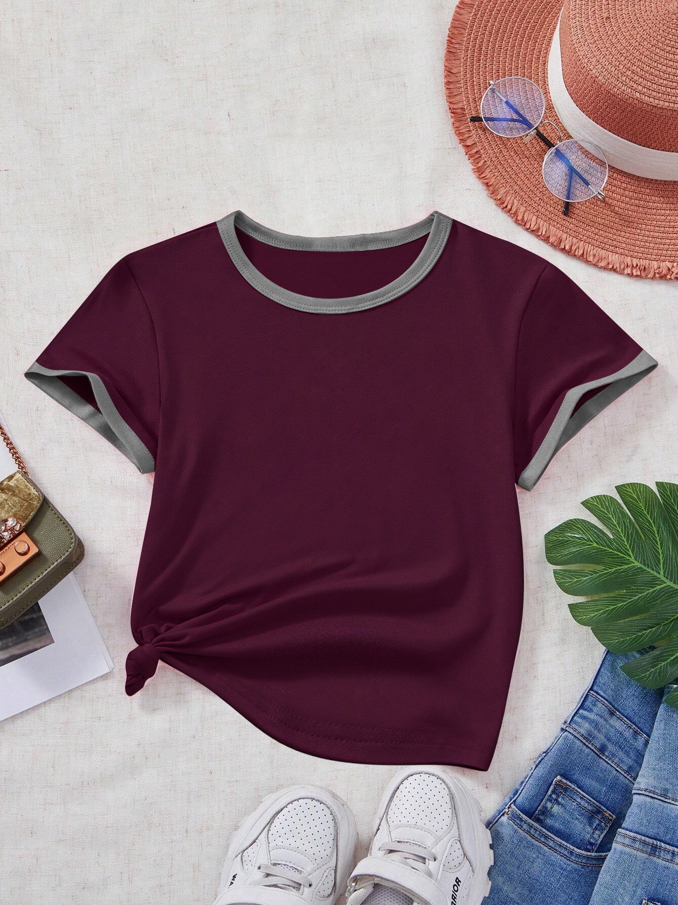 Popular Sports Crew Neck Tee Shirt For Kids-Dark Maroon-BR13695