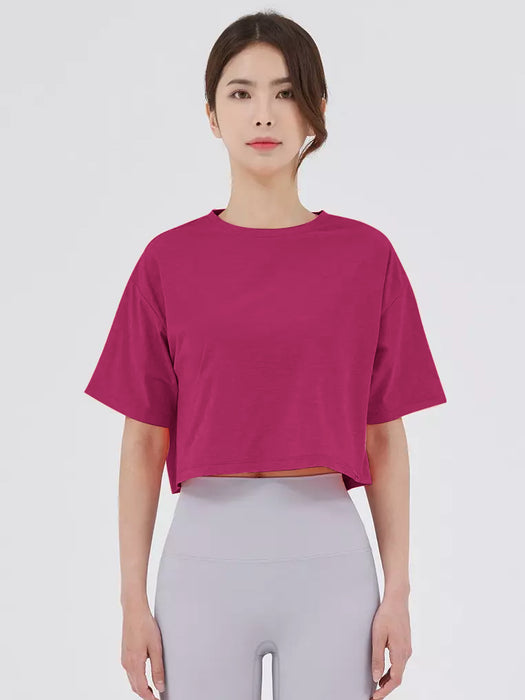 Popular Sport Crop Tee Shirt For Women-Dark Pink-BR13501
