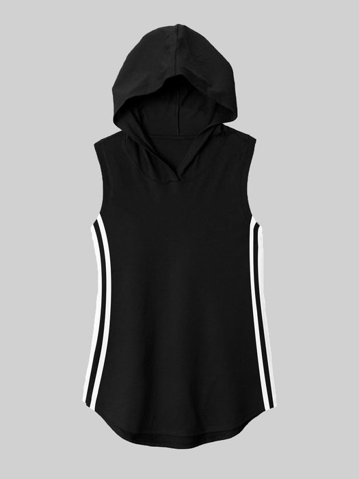 Popular Sports Hooded Tee Shirt For Women-Black with Stripe-BR13698