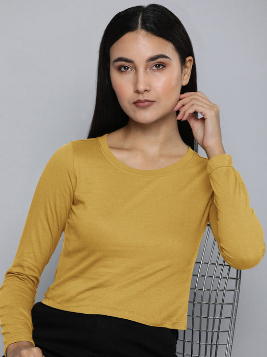 Popular Sports Crew Neck Long Sleeve Crop Tee Shirt For Women-Yellow-BR13681
