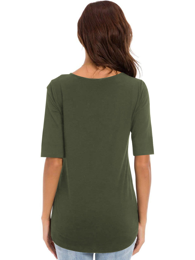 Miss Popular Curved Hem Tee Shirt For Women-Olive Green-BR13713