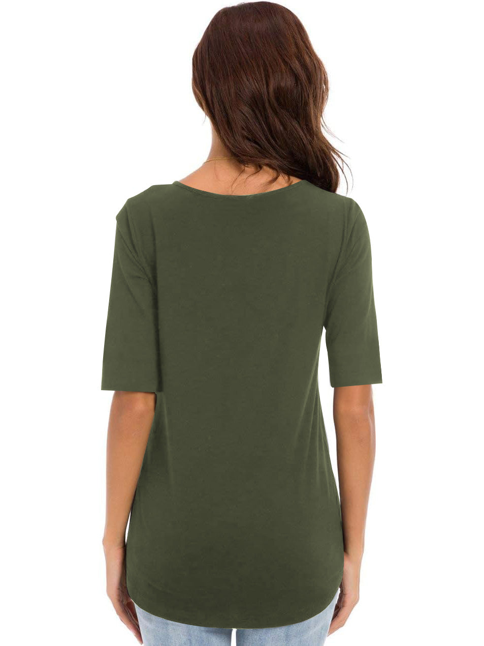 Miss Popular Curved Hem Tee Shirt For Women-Olive Green-BR13713