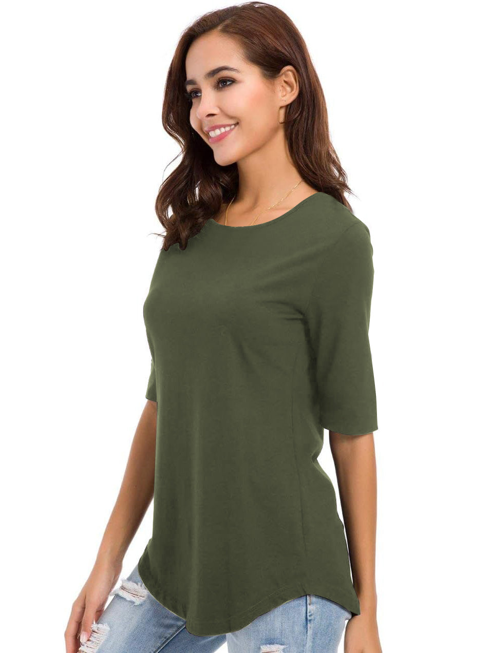 Miss Popular Curved Hem Tee Shirt For Women-Olive Green-BR13713