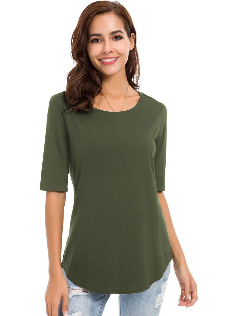 Miss Popular Curved Hem Tee Shirt For Women-Olive Green-BR13713