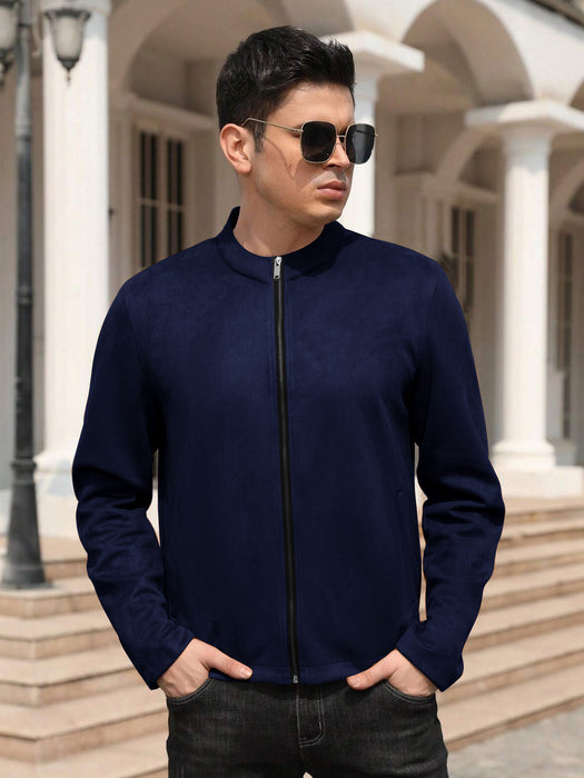 Premium Stylish Suede Zipper Jacket For Men-Dark Navy-BR14336