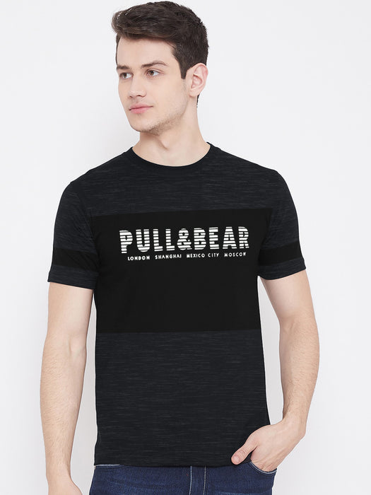 Pull & Bear Crew Neck Tee Shirt For Men-Black Melange with Panel-BR13478