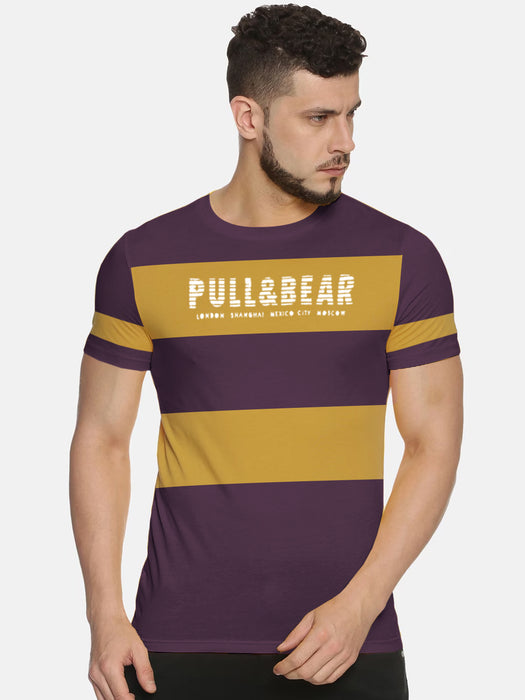 Pull & Bear Crew Neck Tee Shirt For Men-Indigo with Yellow Panel-BR13472
