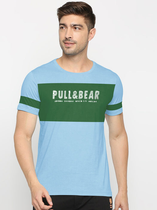 Pull & Bear Crew Neck Tee Shirt For Men-Sky with Green Panel-BR13471