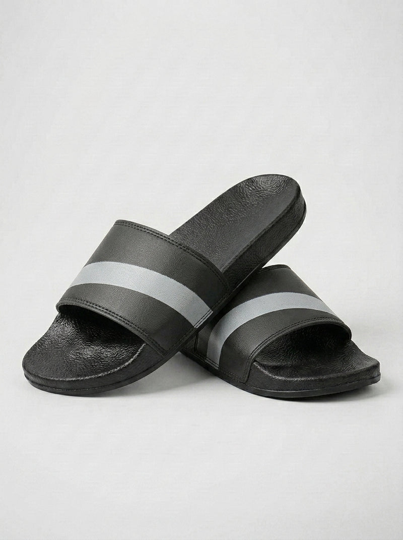 Men's Premium Flip Flop Fashion Slides-Black With Grey Stripe-BE1512