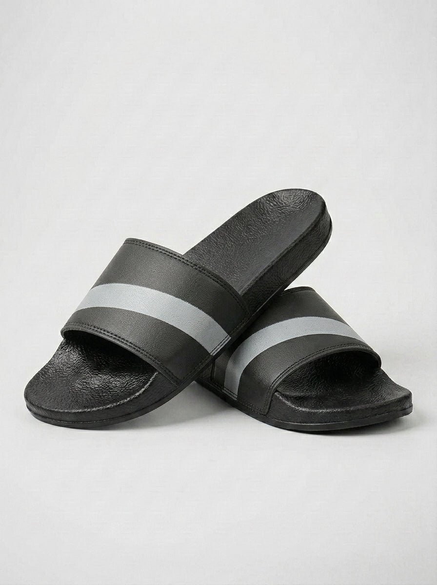 Men's Premium Flip Flop Fashion Slides-Black With Grey Stripe-BE1512