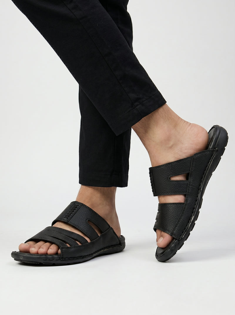 Desiderio Rexine Leather Chappal For Men-Black-BE2438