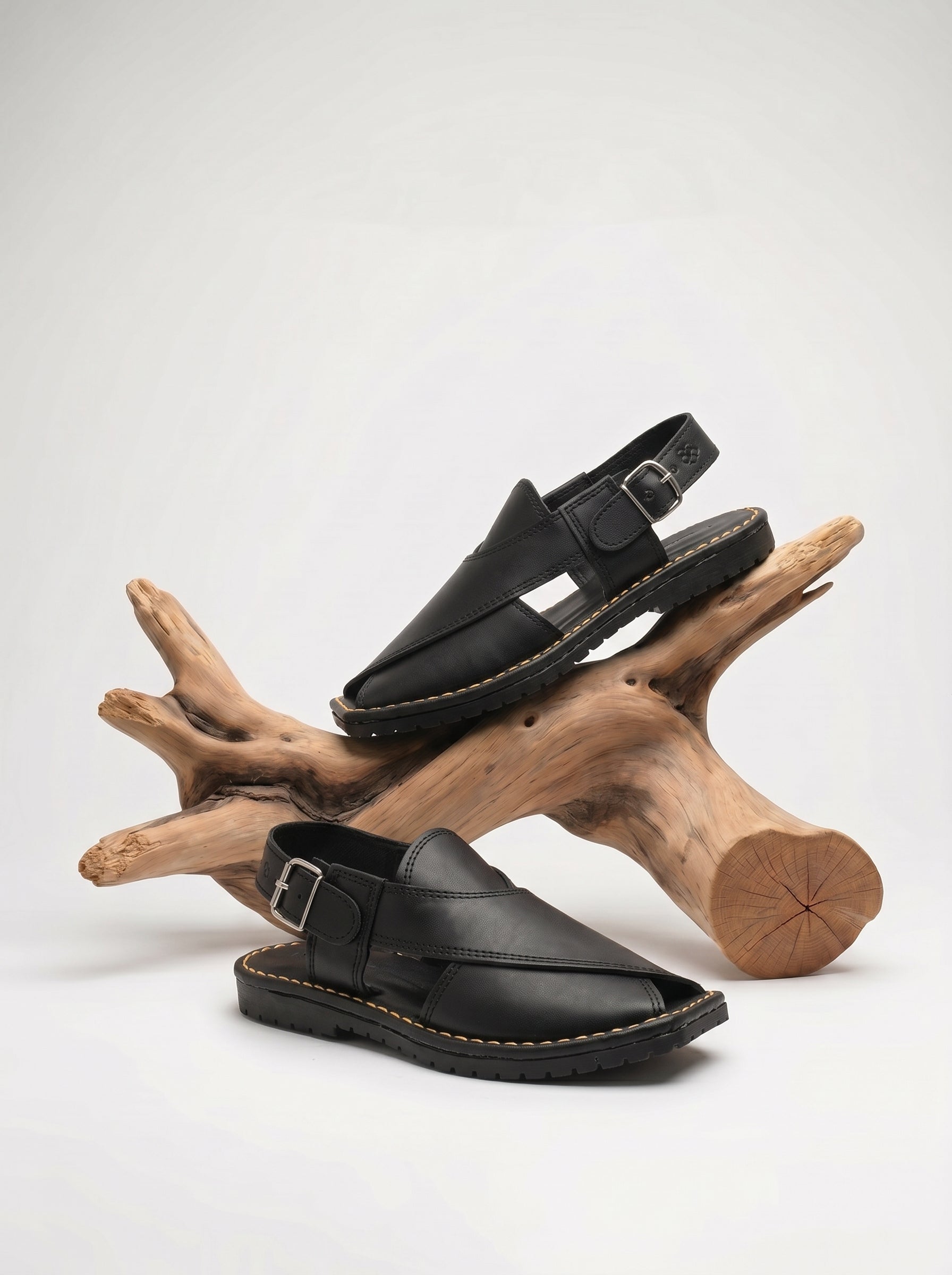 Men's Double Stitch Design Peshawari Chappal-Black-BE9001