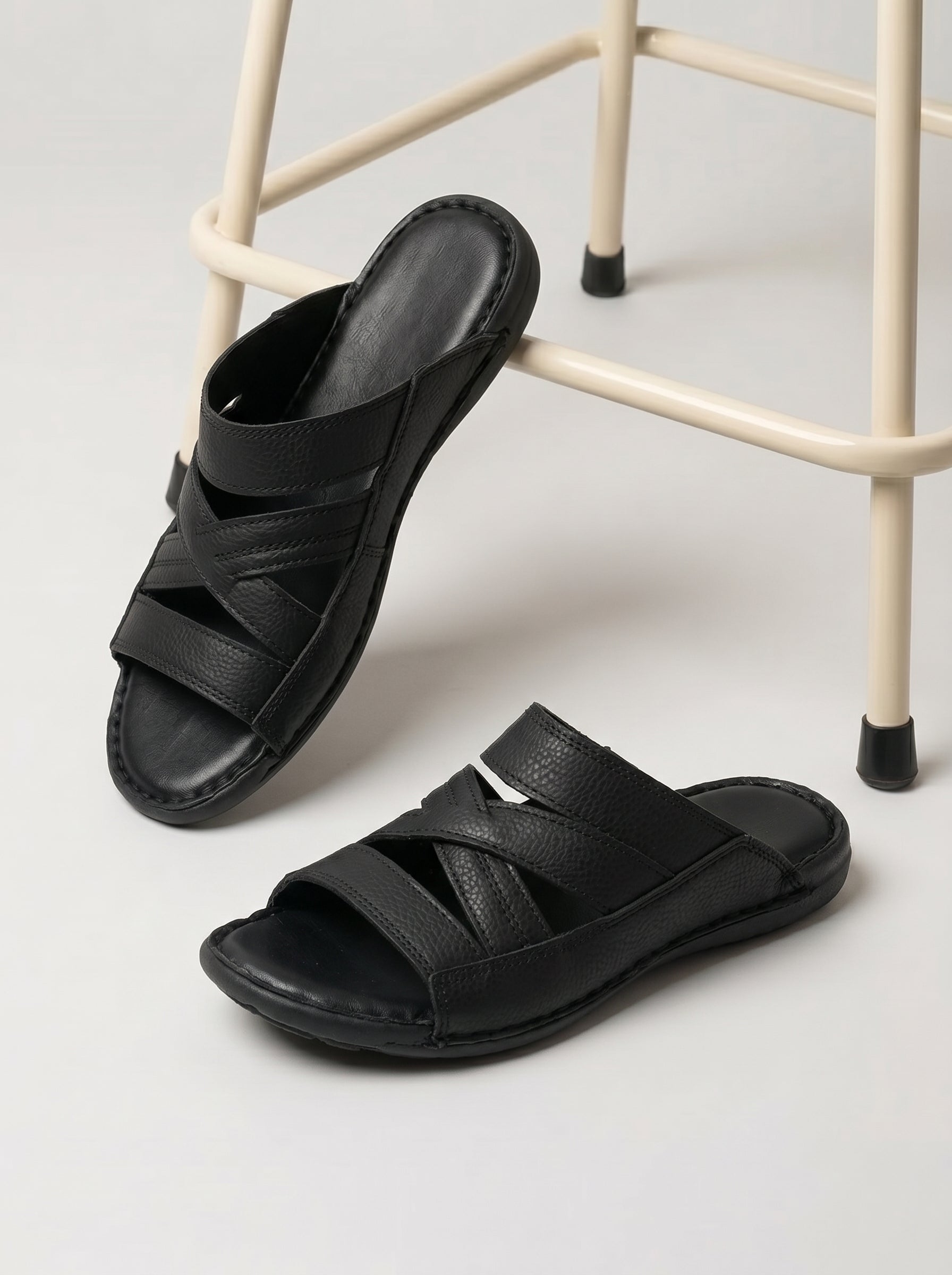 Desiderio Rexine Leather Chappal For Men-Black-BE4719