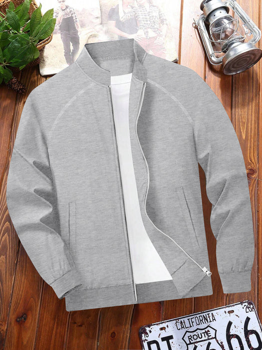 Louis Vicaci Fleece Stylish Zipper Raglan Style Mock Neck For Men-Grey Melange-BR828