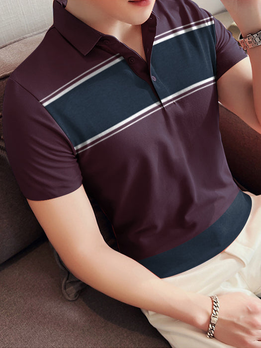 Louis Vicaci Single Jersey Polo Shirt For Men-Maroon with Navy Stripe-BR762