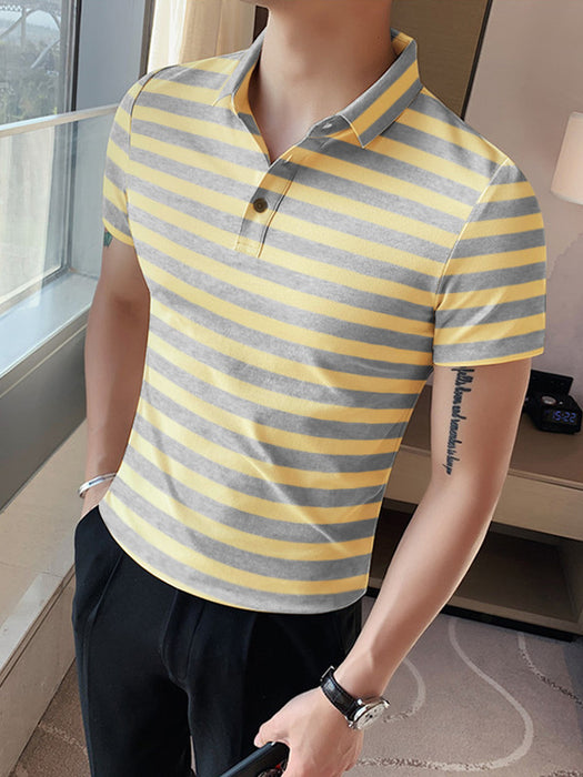 Louis Vicaci Single Jersey Polo Shirt For Men-Light Yellow with Grey Allover Stripe-BR726