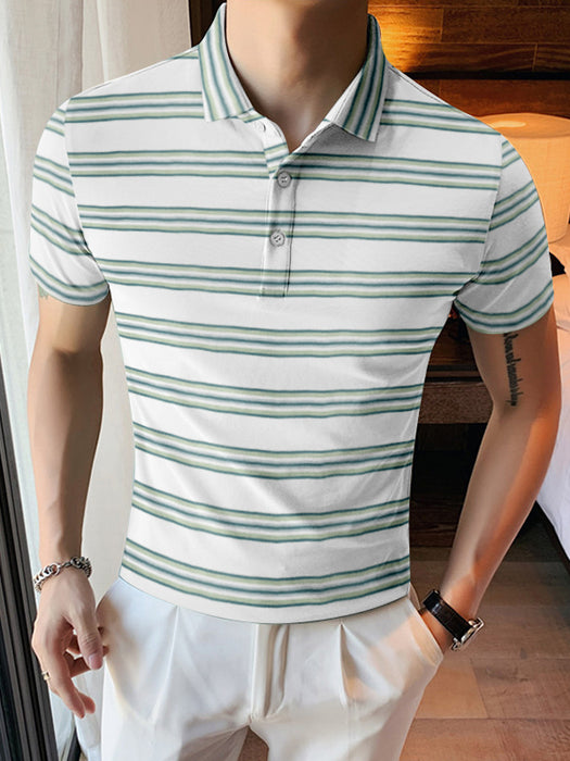 Louis Vicaci Single Jersey Polo Shirt For Men-White with Green Stripe-BR755
