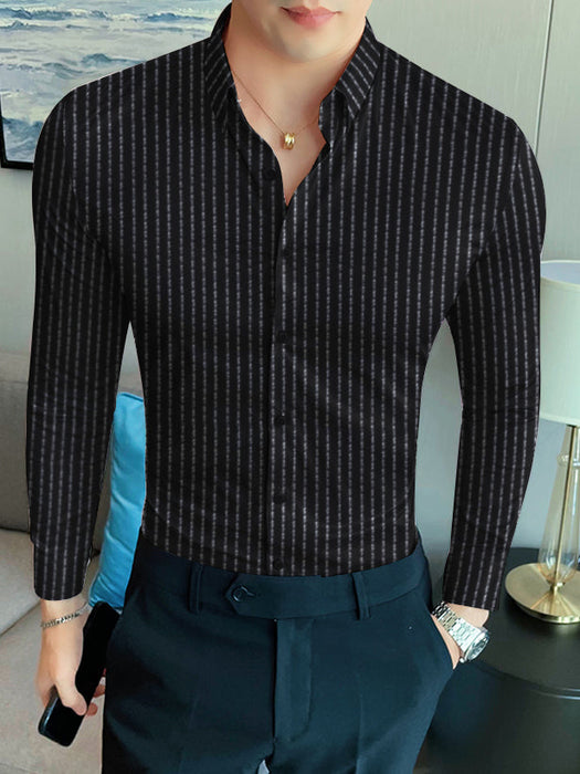 Louis Vicaci Super Stretchy Slim Fit Long Sleeve Summer Formal Casual Shirt For Men-Black with Allover Lining-BR612