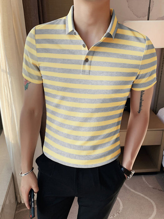 Louis Vicaci Single Jersey Polo Shirt For Men-Light Yellow with Grey Allover Stripe-BR726