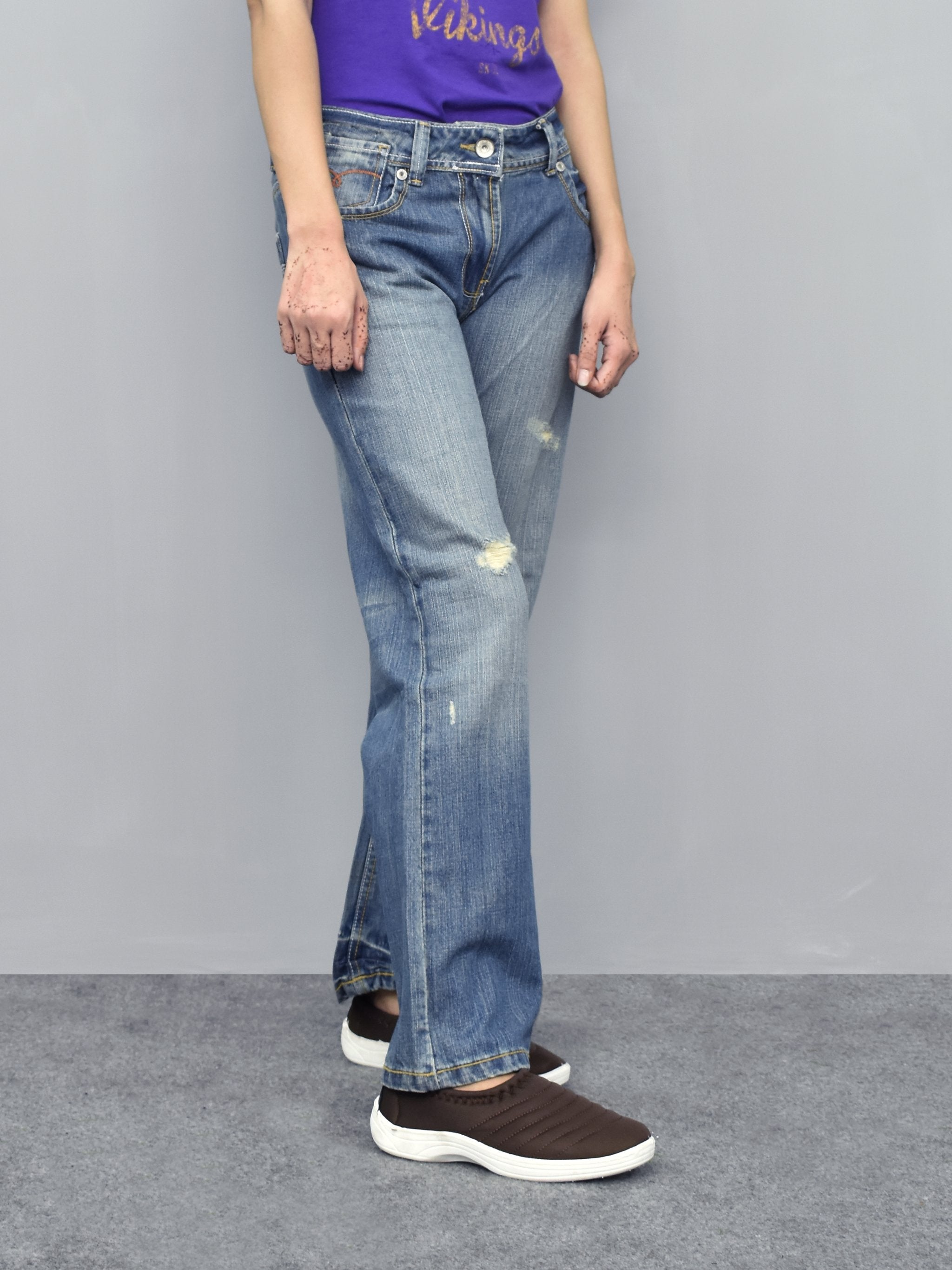 Falmer Heritage Straight Fit Non Stretch Denim For Ladies-Light Blue Faded With Grinded Style-BR13590