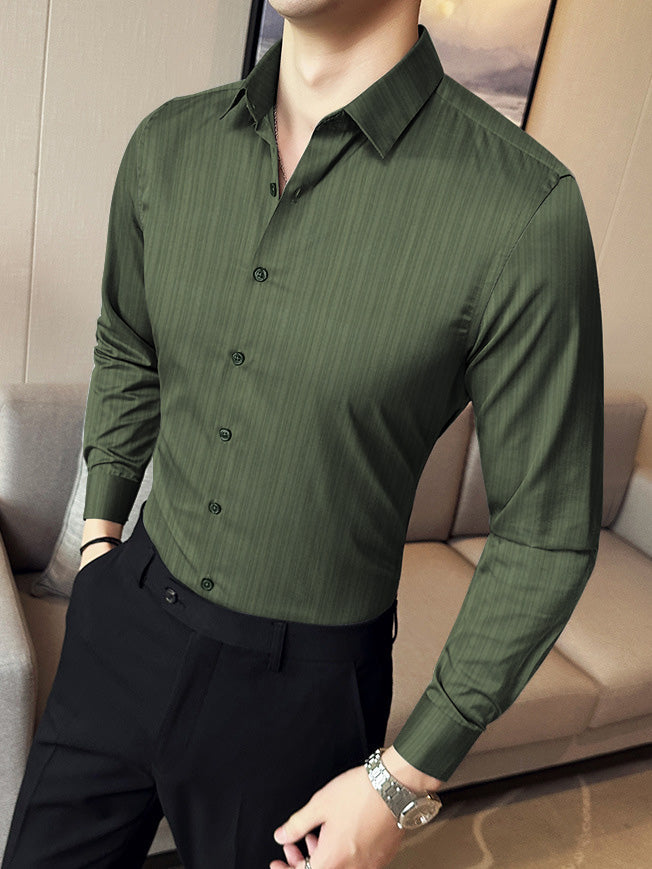 Louis Vicaci Super Stretchy Slim Fit Long Sleeve Summer Formal Casual Shirt For Men-Green Wrinkle-RT2514