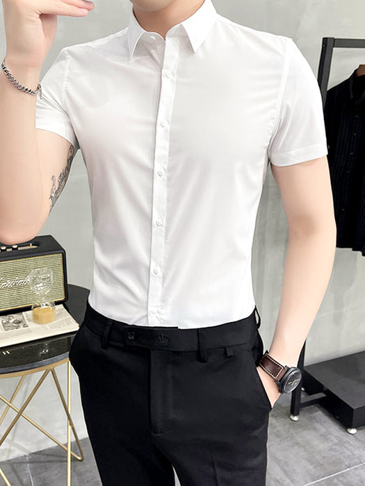 Louis Vicaci Super Stretchy Slim Fit Half Sleeve Summer Formal Casual Shirt For Men-White-BR572