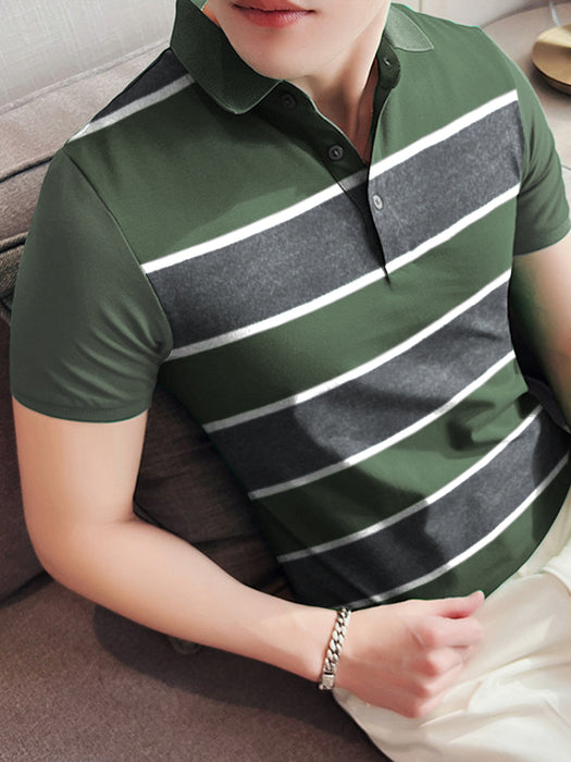 Louis Vicaci Single Jersey Polo Shirt For Men-Olive with Charcoal Melange Stripe-BR753