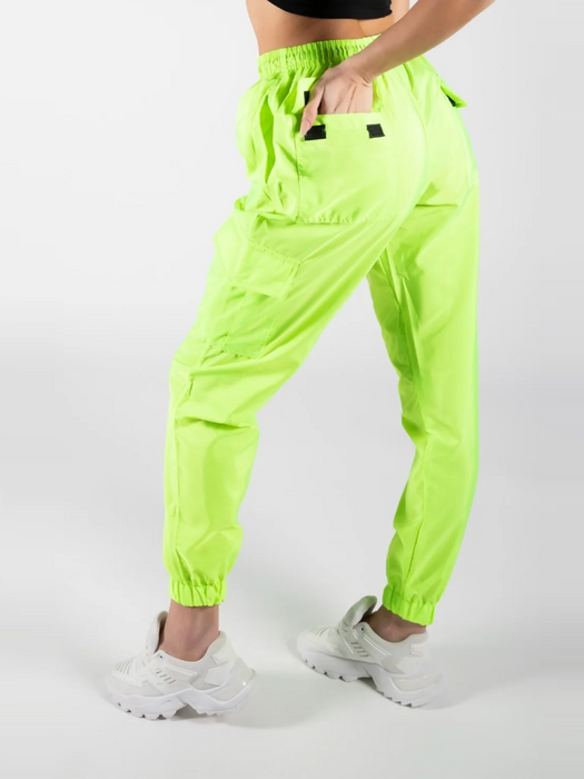 Cuffed Hem Shell Side Pockets Jogger Trouser For Ladies-Neon Green-RT2575