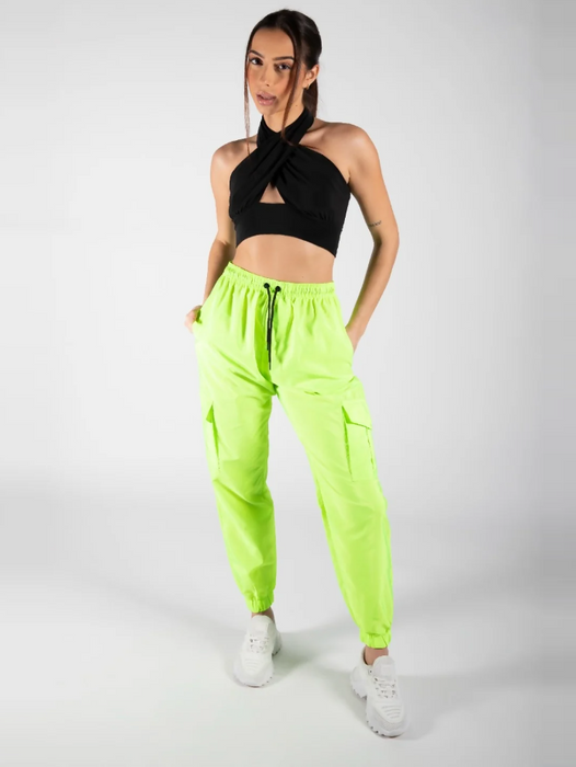 Cuffed Hem Shell Side Pockets Jogger Trouser For Ladies-Neon Green-RT2575