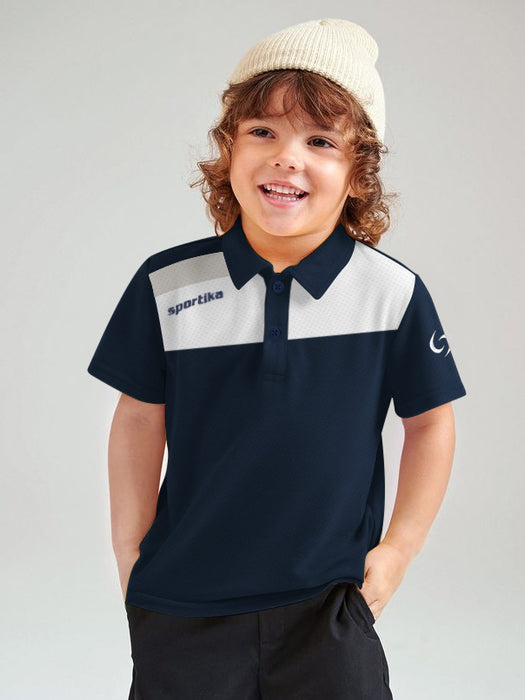 Sportika Active Wear Polo Shirt For Kids-Navy with White & Grey Panel-BR13611