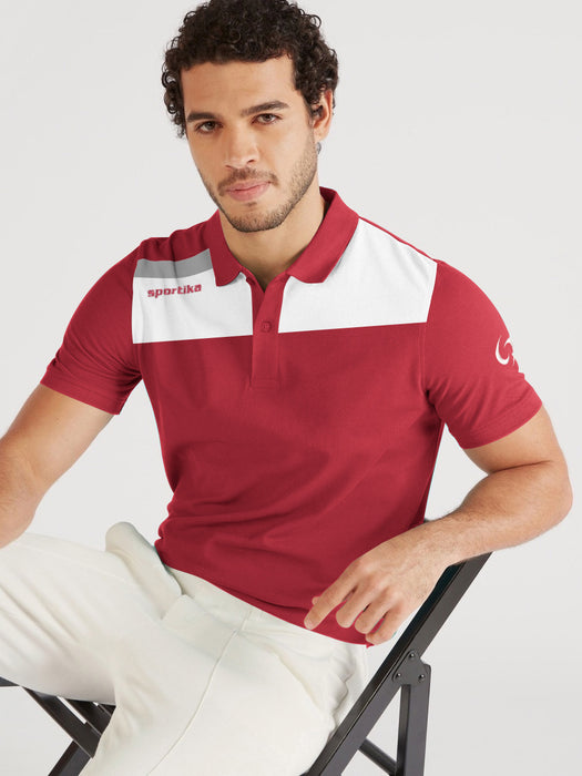 Sportika Active Wear Polo Shirt For Men-Red with White & Grey Panel-BR13608