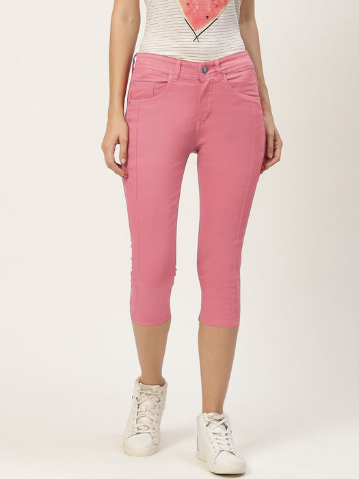Stooker Cotton Denim Capri For Women-Pink-BR13514