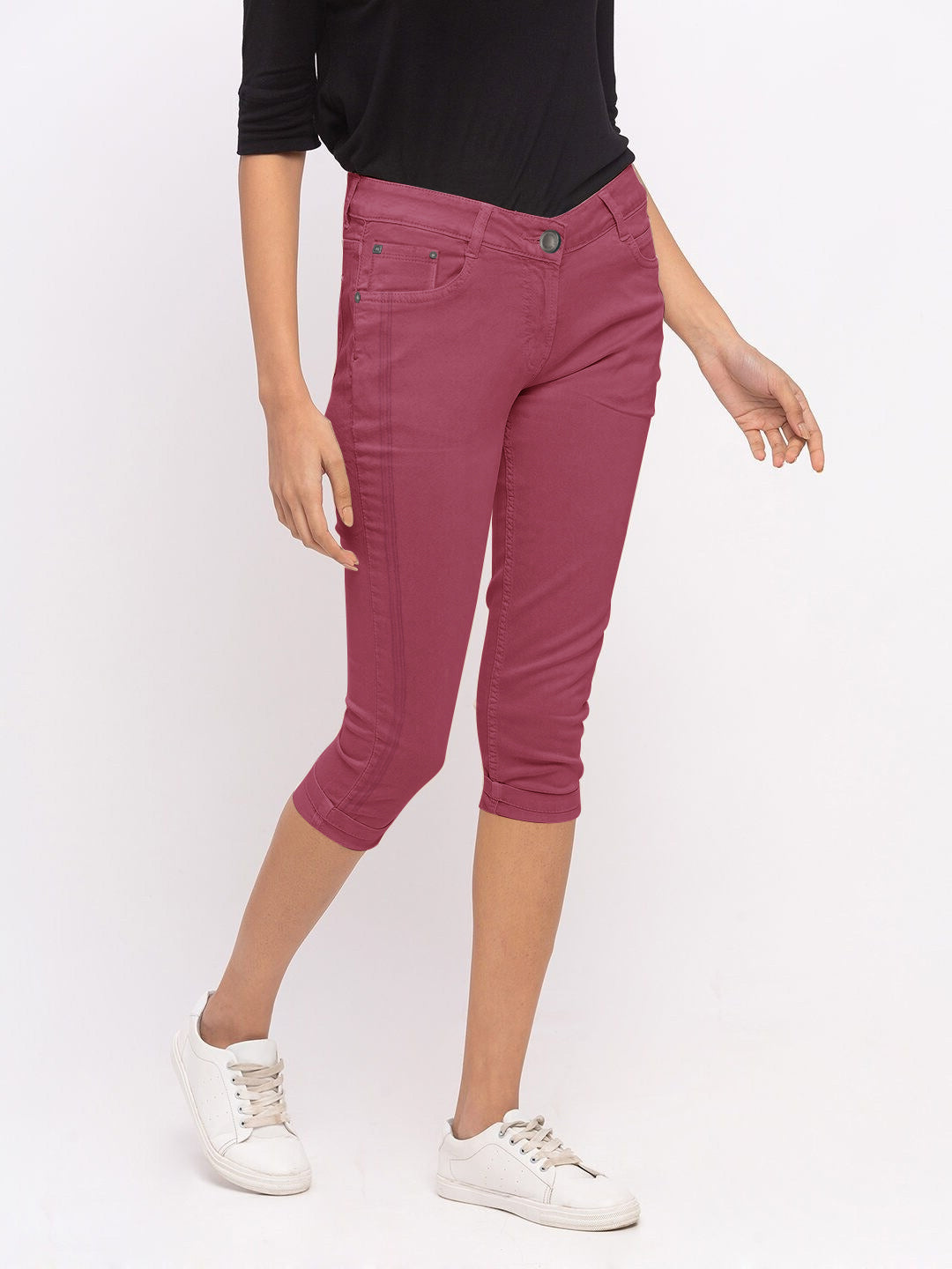 Stooker Cotton Denim Capri For Women-Red-BR13516